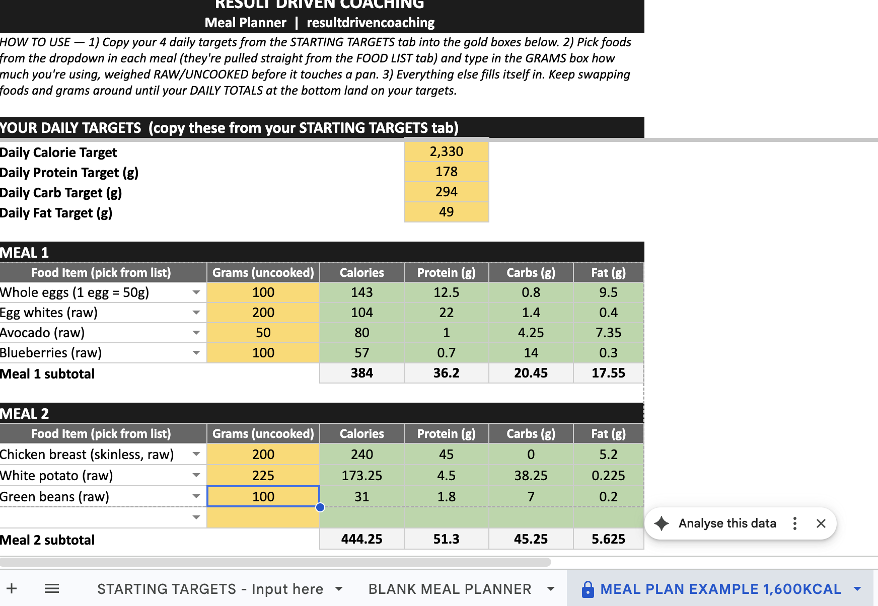 Meal planner spreadsheet showing daily targets split across meals